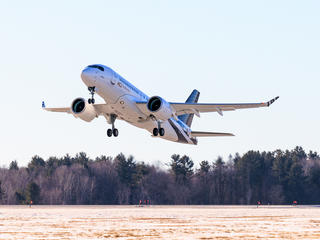 The first ACJ TwoTwenty aircraft takes off from the Mirabel airport The first ACJ TwoTwenty aircraft takes off from the Mirabel airport