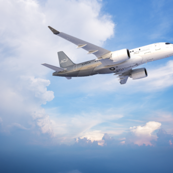 ACJ TwoTwenty flying in the sky 