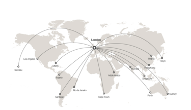 Range map showing ACJ330neo flight capabilities from London