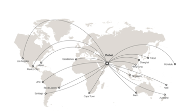 Range map showing ACJ350 flight capabilities from Dubai