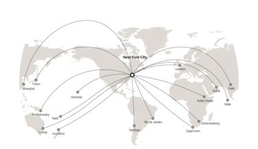 Range map showing ACJ350 flight capabilities from New York City