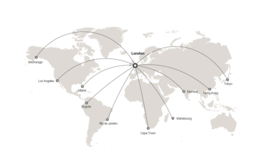 Range map showing ACJ TwoTwenty range capabilities from London