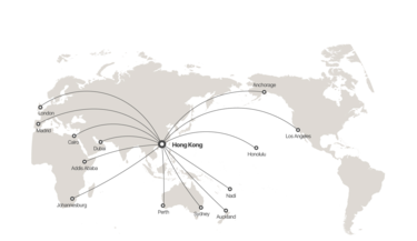 Range map showing ACJ319neo flight capabilities from Hong Kong