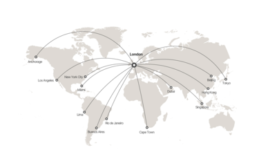 Range map showing ACJ319neo flight capabilities from London