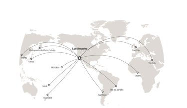 Range map showing ACJ319neo flight capabilities from Los Angeles
